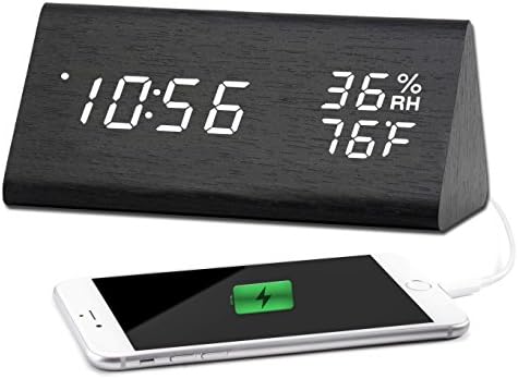 Desk Clock with USB Charger, Modern Sleek Wooden Texture Design - Digital White LED with Date, Temperature, Humidity and Backup Battery - Desktop Clock for Your Office and Home