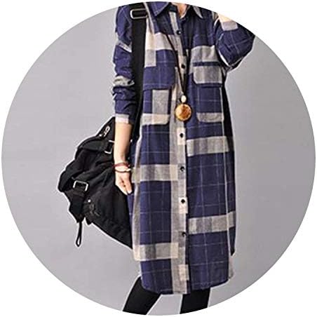 Powerful Massager Better-Caress Long Sleeve Dress Female Loose Linen Plaid Dress Vintage Plus Size Women Clothing