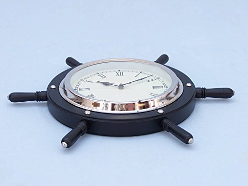 Black Wood And Chrome Ship Wheel Clock 15" - Boat Steering Wheel - Nautical Acc - Thumbnail 2