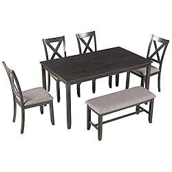 6 Pieces Dining Table Set, Wood Rrectangle Table