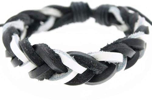 SWEETIE 8 Unisex Mens Womens Black &amp; White Fishtail Braided Wrap Leather Bracelet Adjustable 6.5" to 9"