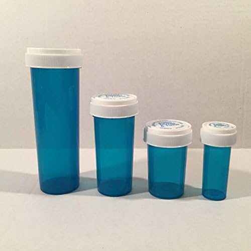 Dram 4 Pack Reversible Lid Cap Bottles 60, 30, 20, 08 DRAMS Rx Pill Pharmacy Vials Crafts Coins Storage Vitamans Medicine MMJ 420 CONTAINERS (BLUE - Transparent)