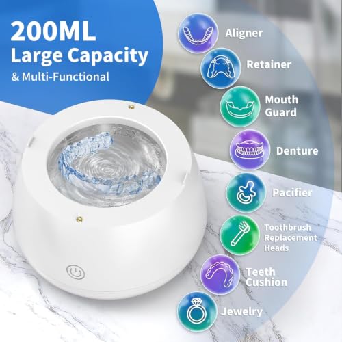 TQQ Ultrasonic Teeth Cleaner 48000 Hz, UV Dental Bite Cleaner, Dental Bite Cleaning 200 ml for Dental Dentures, Aligners, Stoppers, Mouthguards, Splints and Jewelry