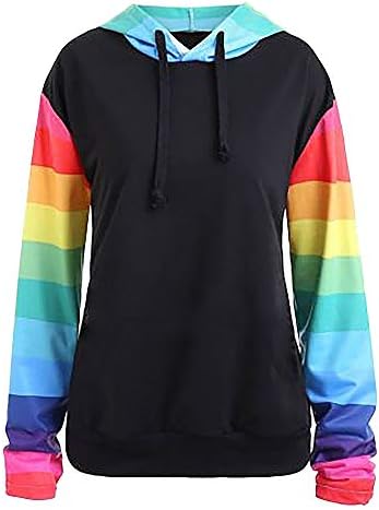 Rainbow Hoodie, Duseedik Women Casual Long Sleeve Color Block Stripe Hooded Sweatshirt Blouse Tops