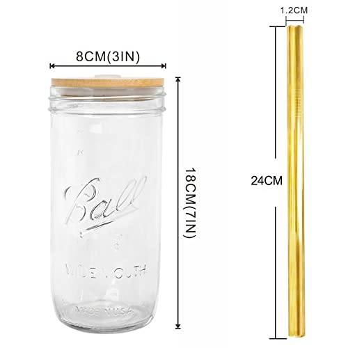 Mason Jar with Lid and Straw, 24oz Wide Mouth Mason Jar Drinking
