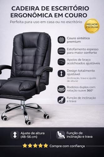 CADEIRA DE ESCRITÓRIO PRESIDENTE NR17 ERGONÔMICA 150KG RECLINÁVEL COM APOIO DE PÉS E LOMBAR HOME OFFICE
