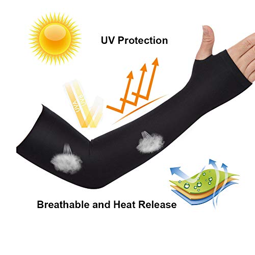 Talshy UV Protection Cooling Arm Sleeves Sports Armwarmers Covers Tattoo Thumb Holes with Cooling Towel for Men Women Boy Girls Cycling Running Basketball Football Golf Driving Black