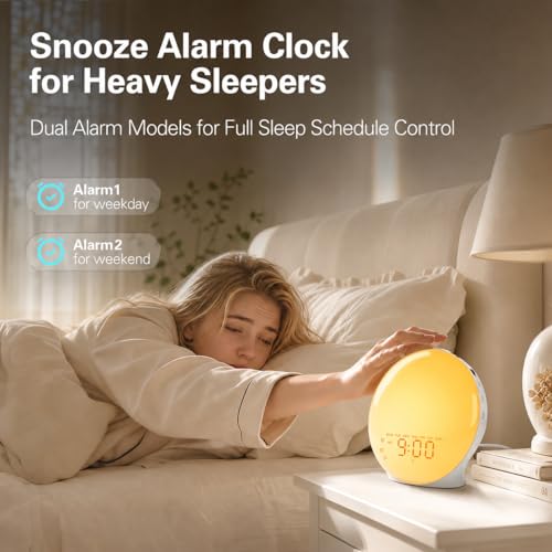 Wake Up Light Sunrise Alarm Clock for Bedroom, 17 Nightlights, Sound Machine with 5W Bluetooth Speaker, 25 Soothing Sounds, SleepTimer, Dual Alarms, FM Radio, Ideal Gift for Baby, Kids, Adults, Senior