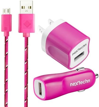 Nextechn H Pink 10 Ft 3 in 1 Ac Wall Charger+ Car Charger+Micro USB 2.0 Braided Data Sync Charging Cable For Samsung Galaxy S3 S4 S6 S7 Note4 N5 HTC LG SONY Android Phones