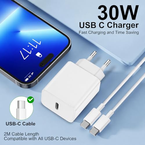 30W Fast Charging Charger for iPhone 17 16 15/16 15 Pro/16 15 Pro Max/16 15 Plus/iPad 10 Generation iPad Pro, USB C Charger Fast Charging Charger Type C Adapter with Nylon Braided USB C Cable 2M