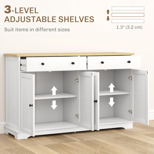 HOMCOM Sideboard Buffet Cabinet with Storage, 55" Kitchen Cabinet with Adjustable Shelves, 2 Drawers and 4 Doors, Coffee Bar Cabinet with Rubberwood Tabletop, White
