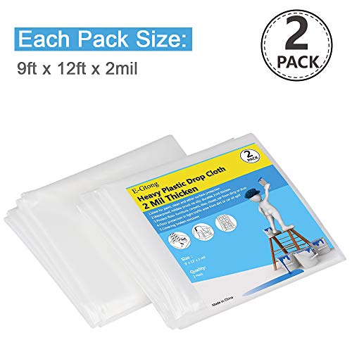 E-Gtong 2-Pack 2 Mil Heavy Duty Plastic Drop Cloth, 9-Feet by 12-Feet Clear Plastic Tarp Plastic Painting Tarp Plastic Sheeting, Waterproof Patio Furniture Covers