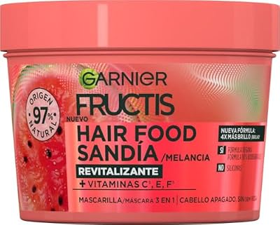 Garnier fructis hair food, máscara revitalizante de melancia, nutre e suaviza, para cabelos secos ou opacos, fórmula vegana, sem silicone, 390 ml