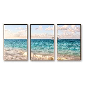 Framed Canvas Wall Art for Living Room, Bedroom Ocean Sea Beach Canvas Prints for Modern Home Decoration Ready to Hang - 16"x24"x3 Panels
