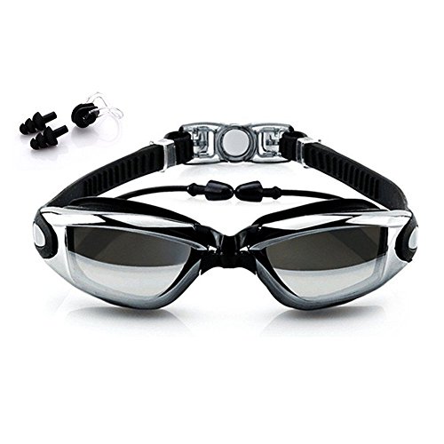 Mai Poetry Swimming Goggles + Swim Cap + Nose Clip + Ear Plugs,Swim Goggles Anti Fog UV Protection for Adult Men Women Youth Kids Child (Black)