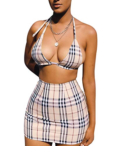 Women's Sexy Plaid Bra Long Sleeve Crop Top and Bodycon Mini Dress 3 Piece Outfits