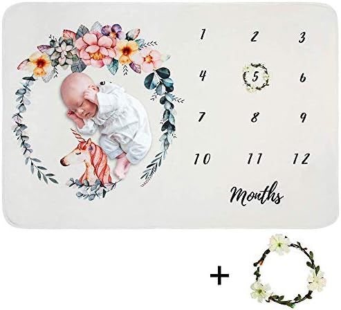 Dreamsoule Baby Monthly Milestone Blanket with Garland, 102 x 152cm Super Soft Premium Fleece Photo Prop Blankets Backdrop, Infant Newborn Baby Swaddling Shower Gifts, Watch me Grow Blanket (Unicorn)