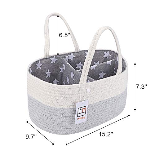 Mebbay Baby Diaper Caddy Organizer, Cotton Rope Storage Basket, Nursery Storage Bin for Changing Table and Car, Detachable Partition with Bottle Holder, Gray