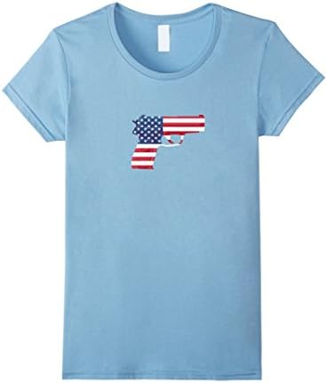 Womens American Flag Gun T-shirt Cool Fashion Casual Top Tee  Small Baby Blue