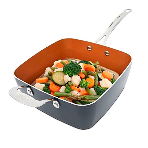 Gotham Steel TiCerama 9.5" Deep Square Pan With Lid, Frying Basket