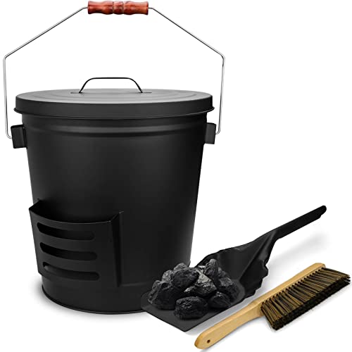 GRISUN 5.2 Gallon Ash Bucket with Lid Shovel and Broom for Fireplace