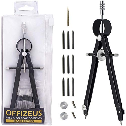 Offizeus Professional Compass for Geometry with Extra Lead Refills - Makes 10 Inch Circle - Math Compass, Drawing Compass - Metal Precision Bow Compass with Lock - for Drafting, School, Woodworking
