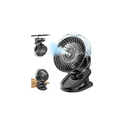 Clip Fan with Water Cooling, 6000 mAh Fan Battery Rechargeable, Mini Portable USB Table Fan with 4 Wind Levels, Quiet Small Ceiling Fan, Ideal for Prams, Home, Office, Outdoor