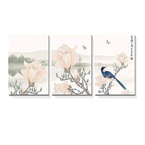 3 Panel Canvas Wall Art - Chinese Ink Painting of Mountain and Lake Landscape with Flowers and Birds - Giclee Print Gallery Wrap Modern Home Art Ready to Hang - 16"x24" x 3 Panels