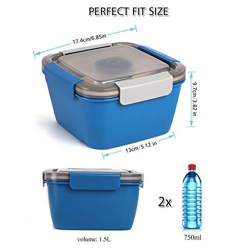Shopwithgreen 52 OZ to Go Salad Container Lunch Container, BPA-Free, 3-Compartment for Salad Toppings and Snacks, Salad Bowl with Dressing Container, Built-in Reusable spoon, Microwave Safe (Navy)