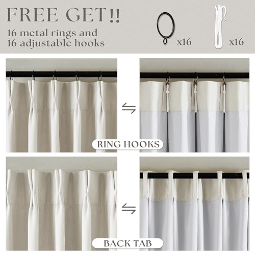 TWODRAPES 102 Inches Long Pinch Pleated Linen Blackout Curtains for Bedroom | Memory Trained Shape, 100% Blackout Light Blocking Curtains, for Living Dining Room, Natural Cream Farmhouse, with Back Tab