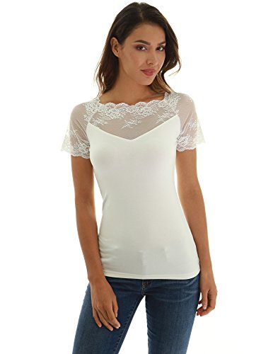 PattyBoutik Women Scalloped Lace Inset V Neck Top (Ivory 02 X-Large)