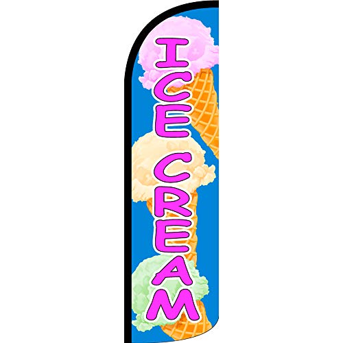 ICE CREAM (Blue/Pink) Windless Feather Flag Bundle (11.5' Tall Flag, 15' Tall Flagpole, Ground Mount Stake)