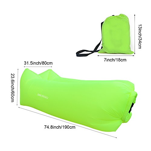 MIONNO Inflatable Chaise Lounger Air Sofa, Air Lounger Inflatable Lazy Bag Couch for Outdoor or Indoor Anti-Air Leaking Waterproof Portable Hammock Chair for Travel Camping Beach (Fluorescent Green)