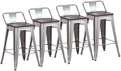 DeKea 24 Inch Low Back Metal Bar Stools with Wooden Top Counter Height Stool [Set of 4] for Kitchen Barstools, Silver