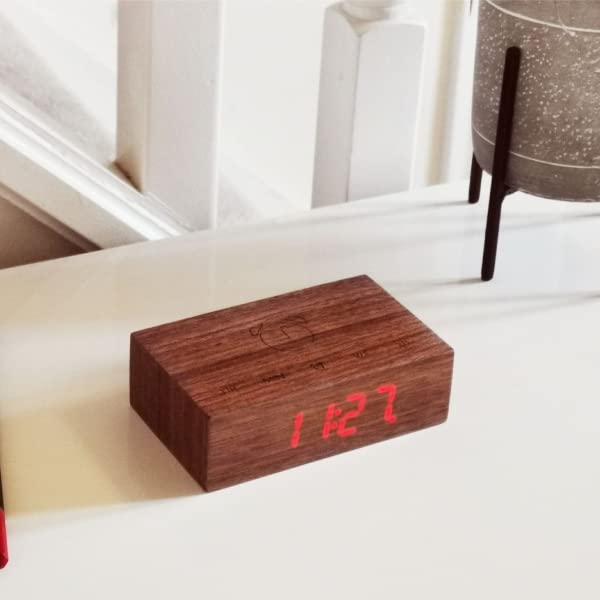 Gingko Flip Click Clock Natural Wood Alarm Clock with Sound Activated Technology - Walnut with Red LED Display