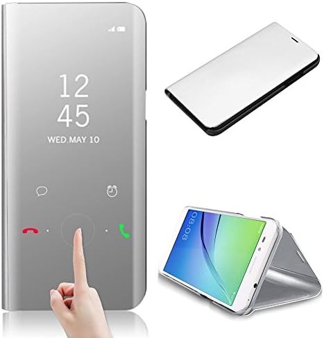 Samsung Galaxy C8/Galaxy J7 Plus Luxury Stand Cover Case, Trustforever Translucent View Window Front Cover Case, Metal Electroplate Plating PC Mirror Case Full Body Protective Case 360 Degree Full Body Anti-scratch Shock-Absorption Bookstyle Case Shell for Samsung Galaxy C8/Galaxy J7 Plus - Silver