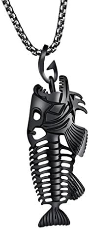 Necklace,kaifongfu Fish Bone &amp; Fishing Hook Skeleton Stainless Steel Pendant Surfer Chain Necklace (Black)