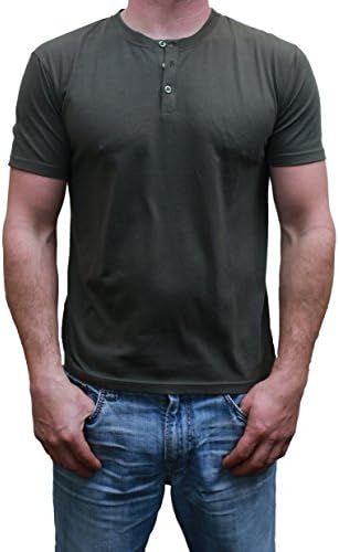 Henley Mens  Short Sleeve TShirt with 3 Buttons, Solid Olive, Medium
