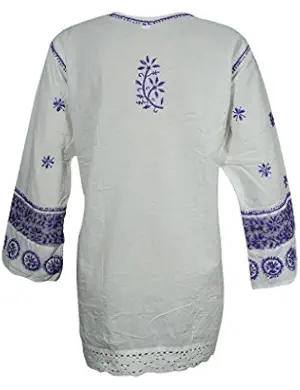 Mogul Womens Tunic White Purple Floral Embroidered Lace Work Cotton Blouse Dress