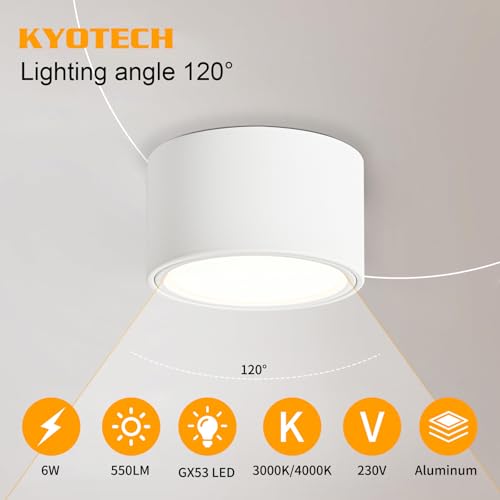 KYOTECH 4 x LED Surface-Mounted Spotlights, 4000 K Ceiling Spotlights, Matt White, 6 W, 550 lm, GX53 LED Surface-Mounted Spotlights, Diameter 95 x 55 mm, Surface-Mounted 230 V Surface-Mounted Light, Ceiling Light for Bedroom, Living Room