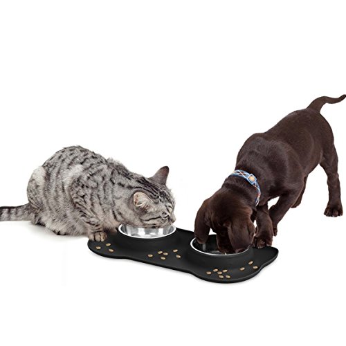 Pet Deluxe Dog Bowls Stainless Steel Dog Bowl with Non Spill Skid Resistant Silicone Mat 12 oz Double Pet Bowls Feeder Bowl for Dogs Cats and Pets (S)