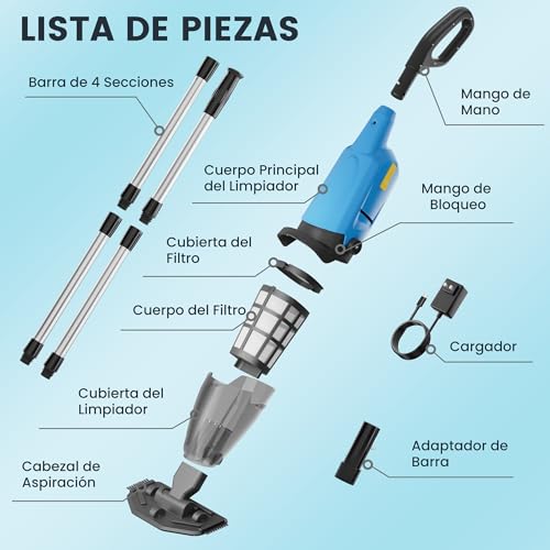 Aspirador de Piscina inalámbrico, limpiafondos de Piscina Manual hasta 90 Minutos, pértiga telescópica de 160 cm, Limpiador de Piscina, succión de hasta 4088 L/h, Ideal para spas y Hot tubs