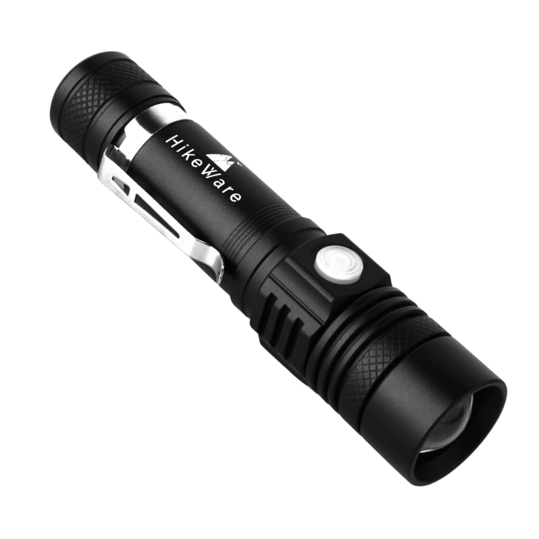 HikeWare Ultra Bright LED Flashlight. Camping Accessories, Waterproof, Zoomable, USB Rechargeable Torch, Powerful Tactical Light