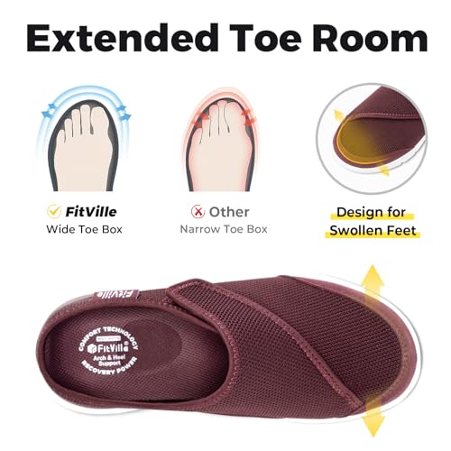 FitVille Women's Slippers Slip on Mules Clogs, Adjustable Closure Walking Shoes for Women Extra Wide Width for Swollen Feet Plantar Fasciitis Indoors Outdoors