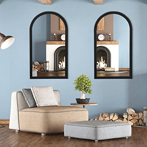 POZINO Arched Wall Mirror, Black Arch Mirror Decor, Bathroom Mirrors for Wall, Mantel Decorative Mirror, Wall Mounted Mirror with Aluminum Alloy Frame for Bedroom Living Room Entryway, 43.3x23.6 Inch