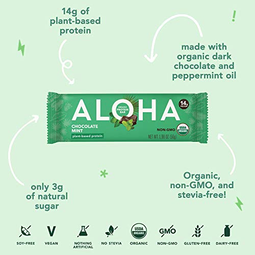 ALOHA Organic Plant Based Protein Bars |Chocolate Mint | 12 Count, 1.9oz Bars | Vegan, Low Sugar, Gluten Free, Paleo, Low Carb, Non-GMO, Stevia Free, Soy Free