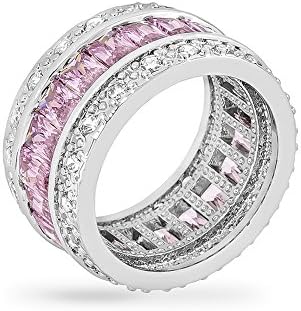 Rhodium Plated Fashion Ring Centered with Pink Cubic Zirconia Baguettes and Round Cut Clear CZ Size 8