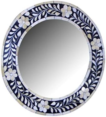 Anjaneya Art Bone Inlay Round Mirror Frame Blue Handmade Inlay Furniture