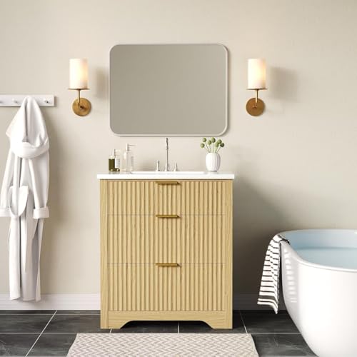 Farmhouse Bathroom Vanity 30", Fluted Freestanding Cabinet with Sink, 2 Drawers, Flip-Down Drawer, Natural Oak, Easy to Clean Natural Wood