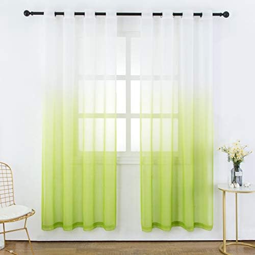 Bermino Faux Linen Sheer Curtains Voile Grommet Semi Sheer Curtains for Bedroom Living Room Set of 2 Curtain Panels 54 x 84 inch Grass Green Gradient